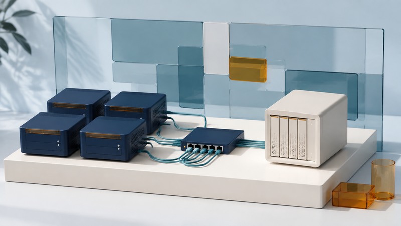 Four compact compute nodes are connected to a switch beside a storage unit.