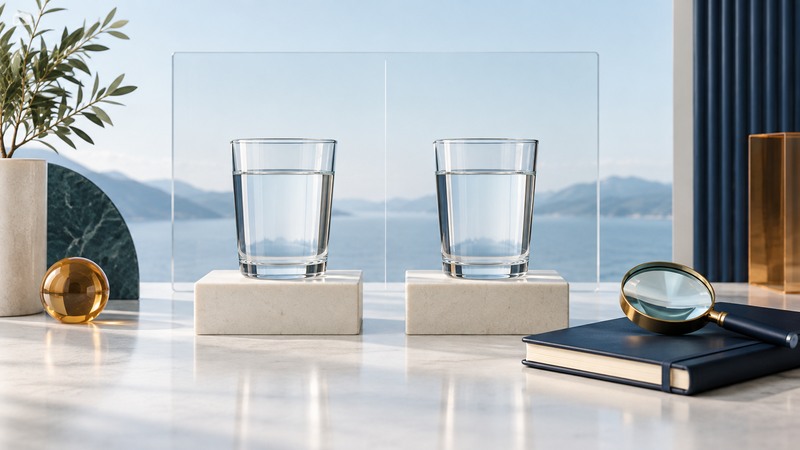 Two matching glasses of water stand on ivory blocks beside a magnifier and closed book.