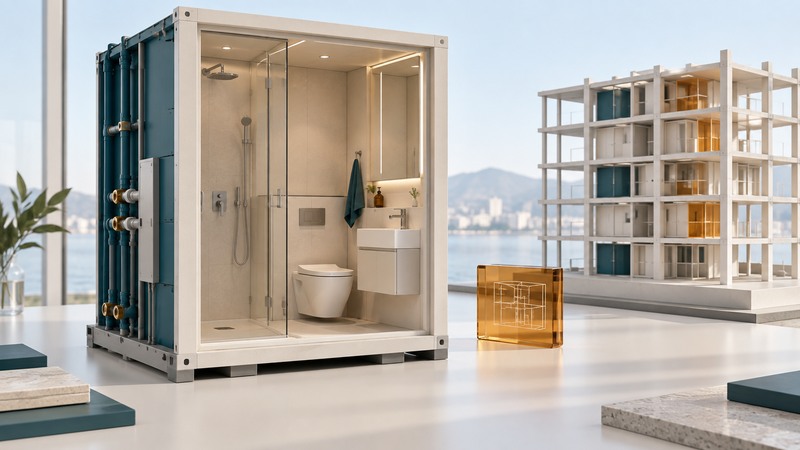 A bathroom pod model exposes its service side beside a small structural building model.