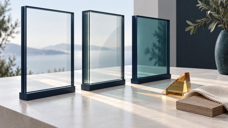 Three glazing samples in navy frames stand beside an amber prism, fabric swatch and wood sample.