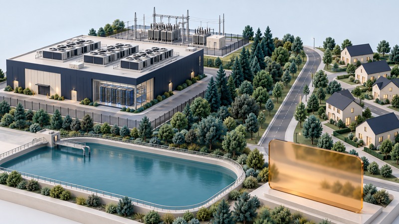 An architectural model shows a data center, substation, water reservoir and homes separated by a planted buffer and road.
