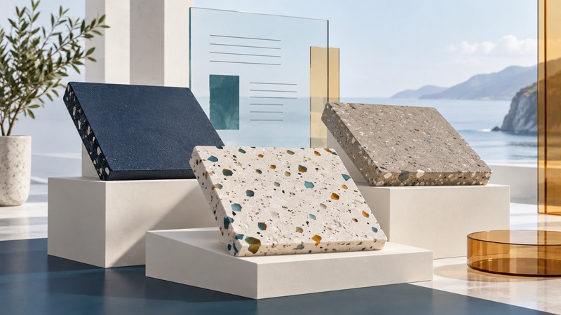 Three countertop material samples display different textures and inclusions on ivory plinths.