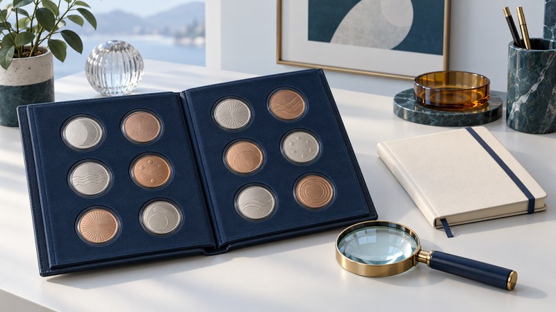 An open navy coin album, a magnifier, and a cream record notebook on a desk.