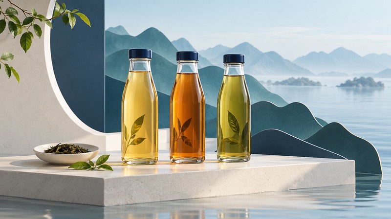 Three amber and pale green tea bottles with leaf motifs stand before layered teal hills.