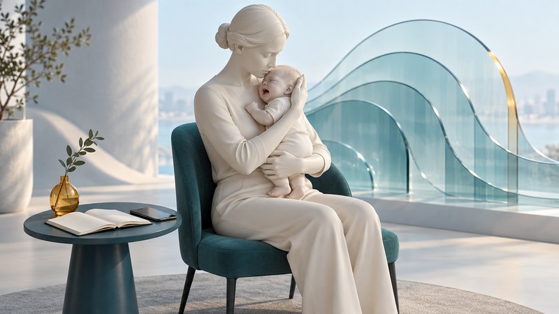 A sculptural caregiver holds a crying infant securely beside a notebook and gentle glass wave forms.