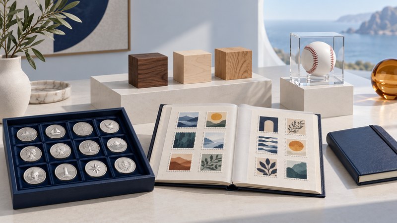 Coins, a stamp album, wood sample blocks, and a baseball in a display cube arranged on an ivory worktable.