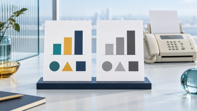 Two conceptual chart pages compare colour and grayscale bars and shapes beside a fax machine.