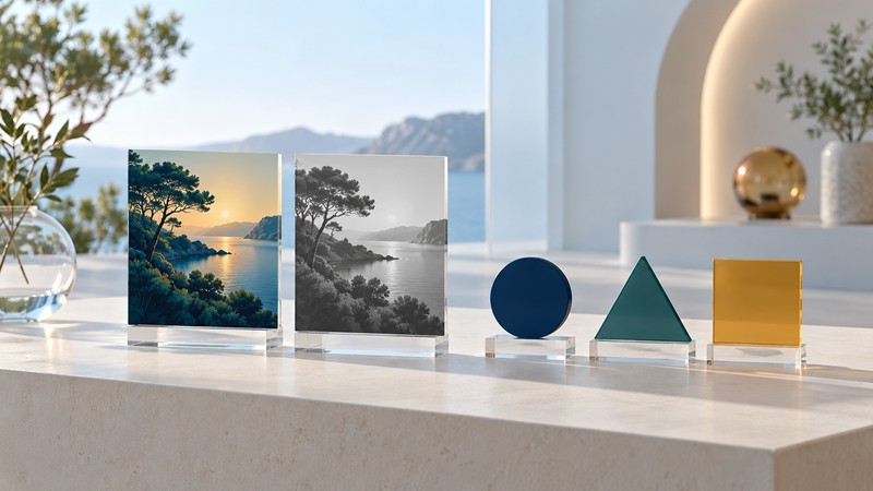 Matching color and grayscale landscape tiles stand beside a navy circle, teal triangle and amber square.