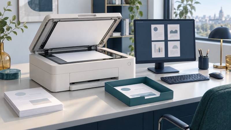 An open flatbed scanner holds a face-down sheet beside a monitor with page previews and a document tray.