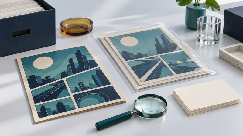 Two comics with geometric artwork, one in a clear sleeve, beside a magnifier and blank inventory cards.