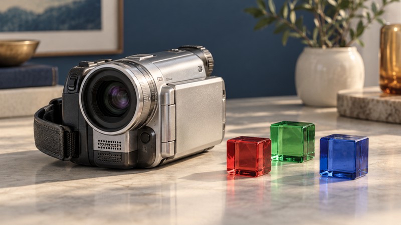 A conceptual single-lens silver camcorder beside separate red, green and blue glass blocks.