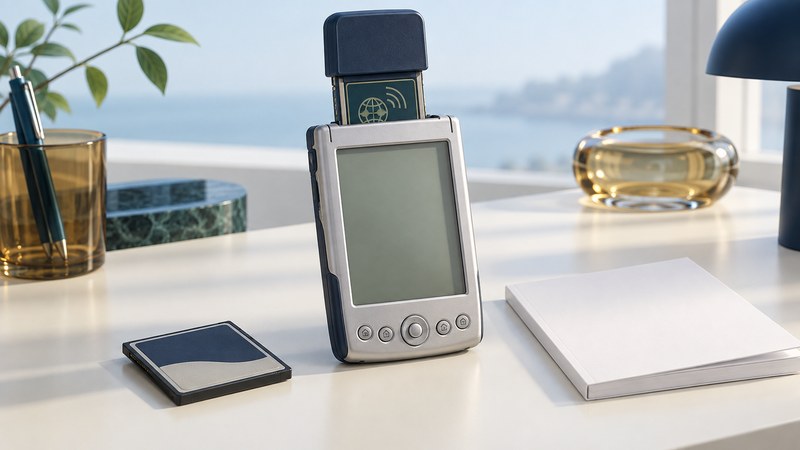 A conceptual Pocket PC holds a partially inserted GPS card beside a separate storage card and blank manual.