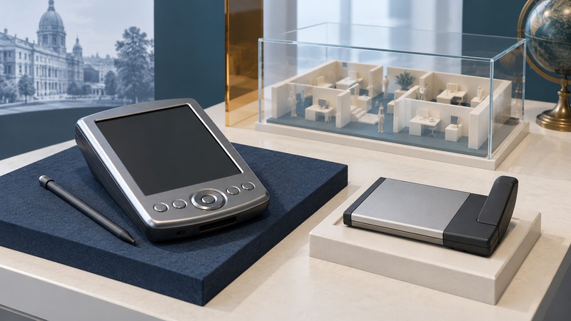 Conceptual Pocket PC, separate CompactFlash wireless adapter and miniature office network setting.