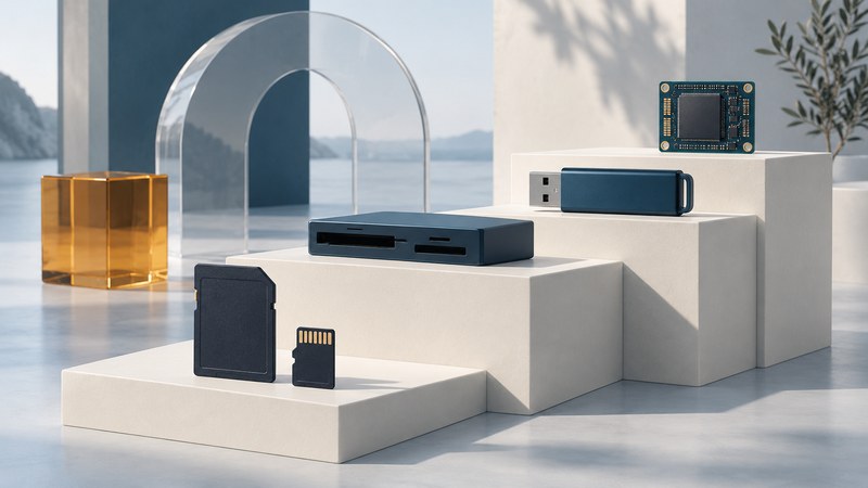 Memory cards, a reader, a USB drive and an embedded chip board occupy separate ivory display tiers.