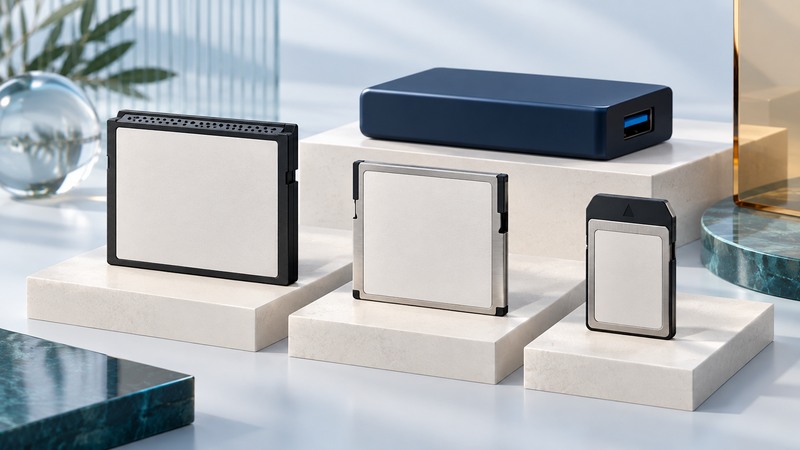 Three conceptual memory-card formats beside a compact reader on a pale work surface.