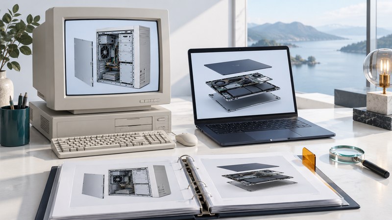 A vintage desktop monitor and modern laptop beside a product evidence binder.