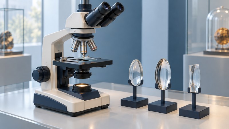 An upright compound microscope and separate glass lenses illustrate the optical elements used to form an image.