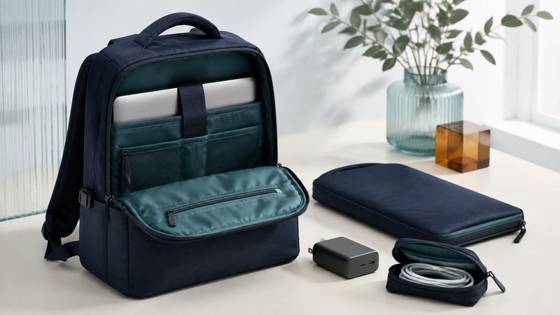 An open navy backpack holds a laptop in a padded compartment beside a sleeve, charger, and cable pouch.