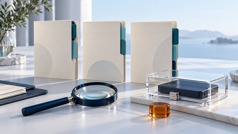 Three proposal folders beside a magnifying glass, a storage device in a clear case and an amber decision marker.