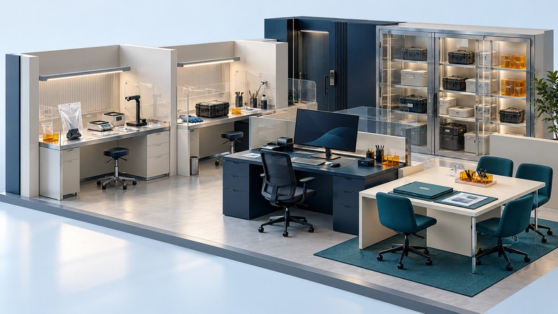 An architectural laboratory cutaway with evidence intake benches, a computer workstation, secure storage and a separate review table.