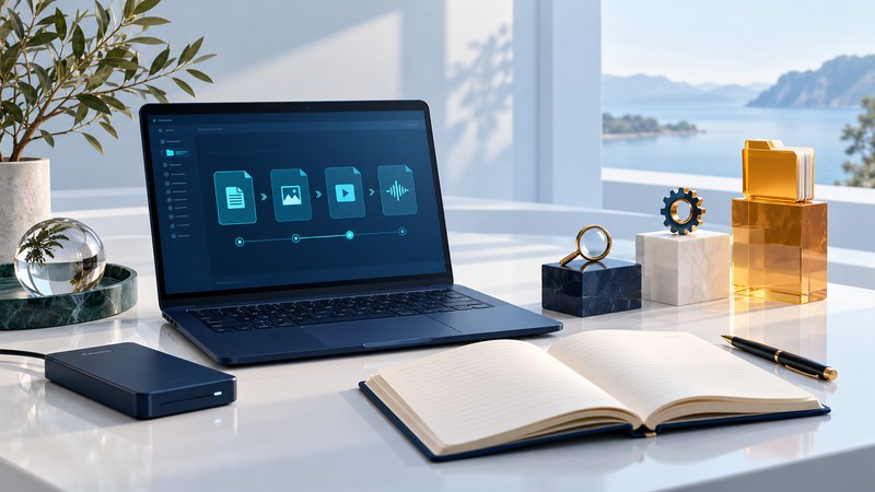 A laptop with abstract file icons beside a practice drive, open workbook and stepped learning blocks.