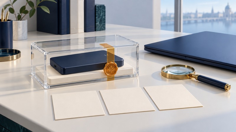 A detached storage drive in a clear case with an amber seal, beside a closed laptop, magnifying glass and blank record cards.