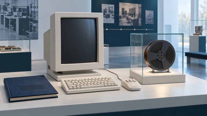 A vintage computer, three-button mouse, tape reel and closed folio sit in a softly lit museum gallery.