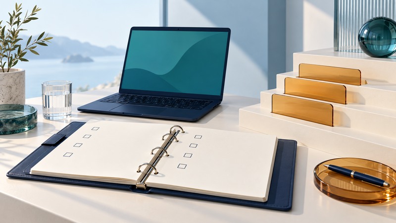 An ivory policy binder with empty checkboxes beside a navy laptop and three amber task tabs.