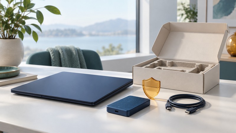 A closed navy laptop, external drive and coiled cable sit beside a protective reuse carton and an amber shield tile.