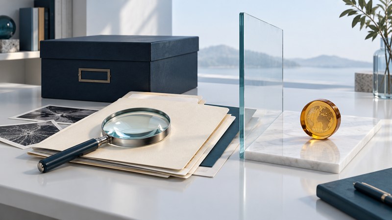An evidence folder and navy archive box sit behind a glass divider from a small amber medallion.