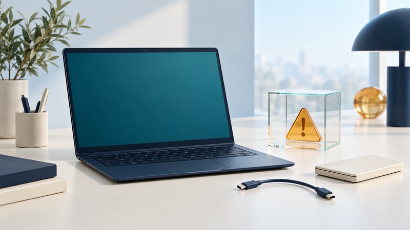 A navy laptop beside an amber warning symbol in a glass inspection cube, a detached cable and an ivory backup drive.