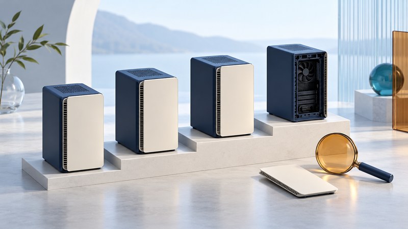 Four computer towers stand on stepped plinths; one awaits its ivory cover beside an inspection lens.
