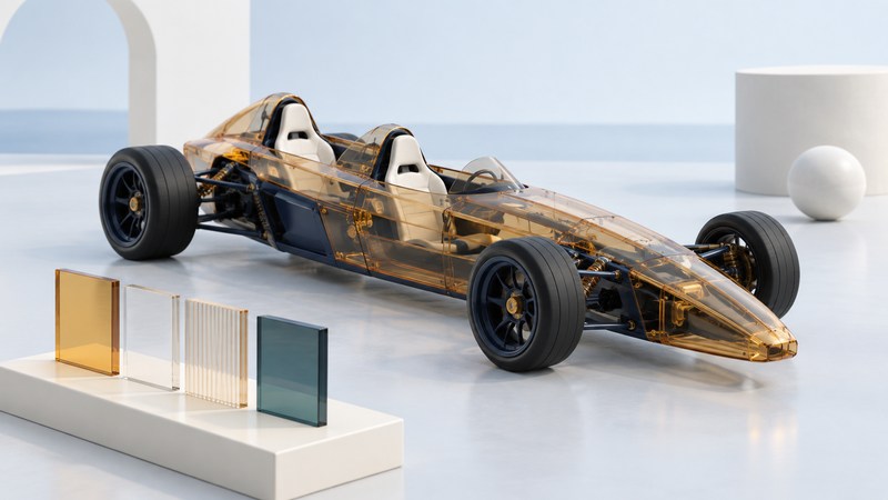 A transparent amber-tinted tandem-seat concept-car model stands beside clear material samples.