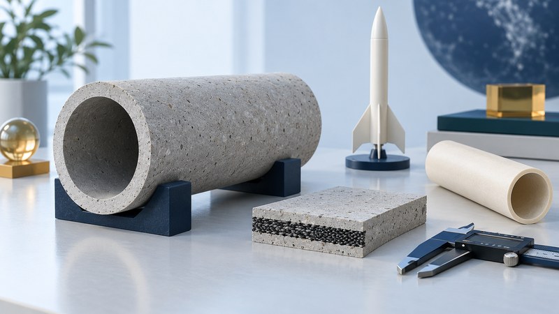 A hollow concrete specimen and reinforced sample sit beside a lightweight tube, caliper, and unpowered display rocket.
