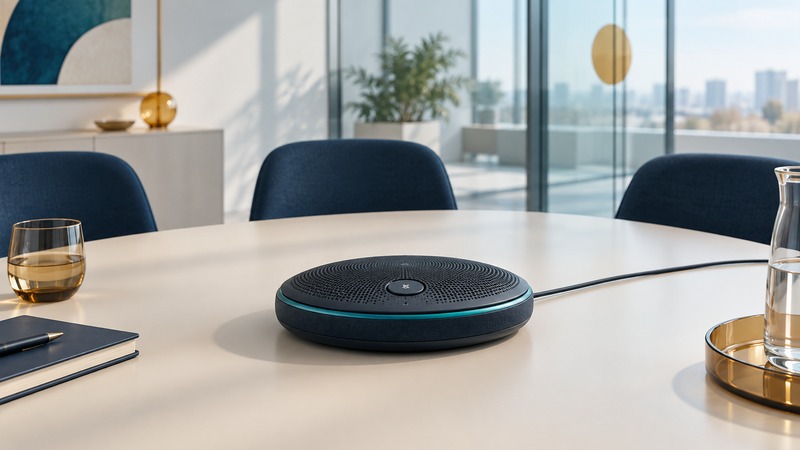 A circular navy speakerphone with a teal ring sits on an ivory table beside three empty chairs.