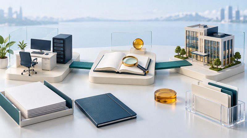 A miniature office, an open notebook with magnifying glass and a business building sit on connected ivory platforms.