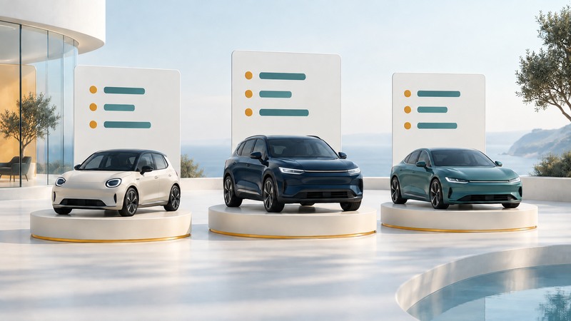 Three cars on display platforms with abstract comparison cards behind them.