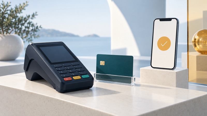 A navy payment terminal, a teal bank card and a phone with an amber confirmation symbol sit on ivory plinths.