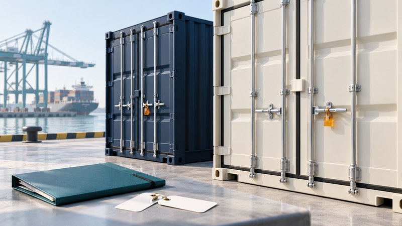 Navy and ivory shipping containers with locking bars beside a teal document folder and blank handoff cards.