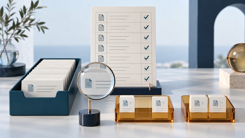 A document manifest, matching file tray and two amber exception trays sit beside a magnifying glass.