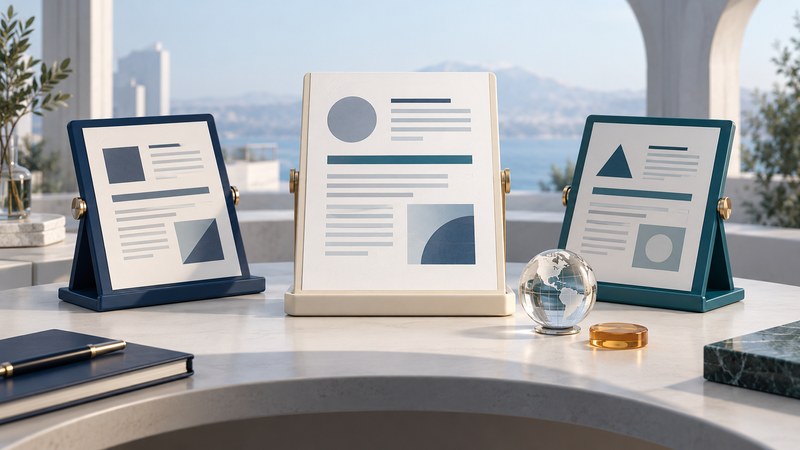 Three document stands display matching abstract layouts with different line lengths beside a glass globe and amber review token.