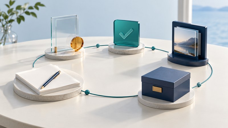 Draft pages, a glass review stand, an approval tile, a publishing display and an archive box form a connected oval.