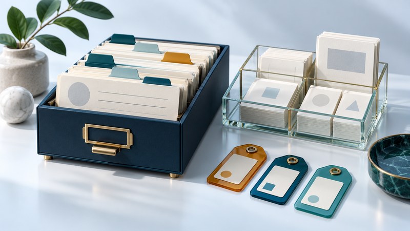 Ivory cards with colored tabs sit in a navy catalog and glass organizer beside amber and teal tags.