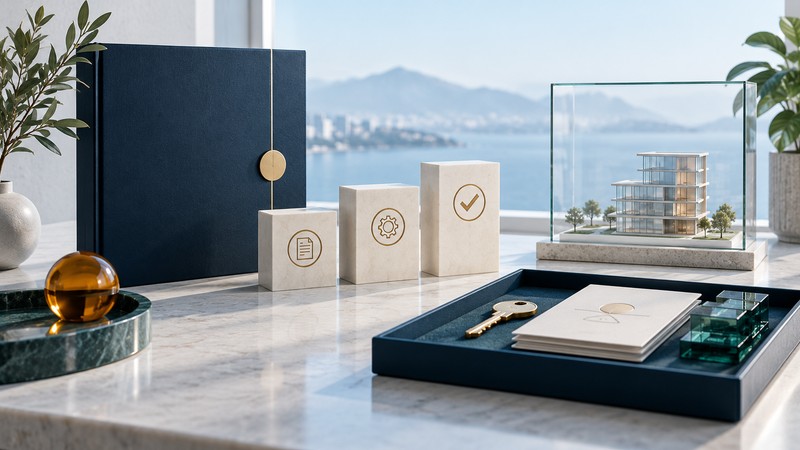 A project folder, milestone plinths and glass inspection frame sit beside a handover kit with keys and documents.
