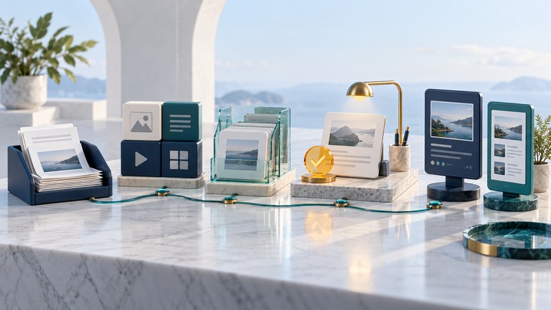 A document tray, modular content blocks, glass catalog, review station and two publishing displays share an orderly architectural workspace.