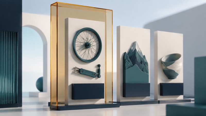 An ivory editorial gallery highlights a bicycle-maintenance panel with a fitted navy ad tile and an amber frame.