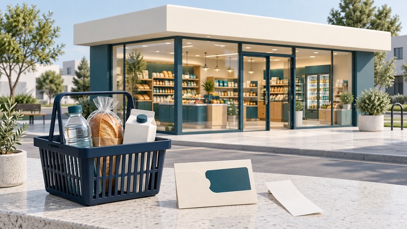 A navy basket of unbranded essentials and a gift-card sleeve sit outside an ivory and teal neighborhood shop.