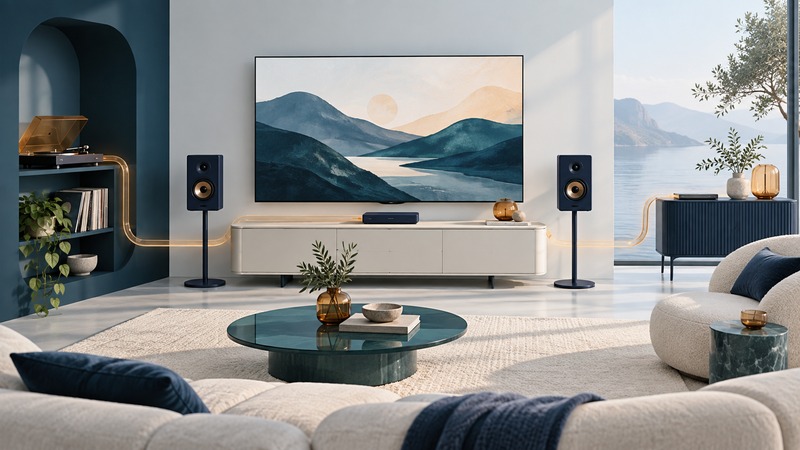 Conceptual home media system with a television, player, storage and speakers connected by a glass path.