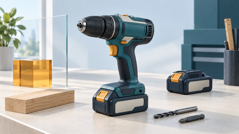 A teal cordless drill with separate drilling and driving bits, a spare battery and a wood offcut.