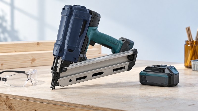 A conceptual cordless framing nailer with an angled magazine at rest beside a detached battery, lumber and safety glasses.